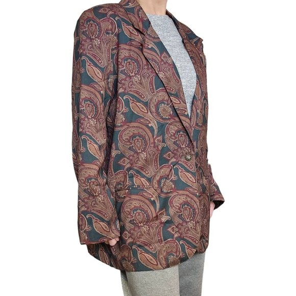 VTG 80s 90s Womens XL Dark Green Maroon Paisley Evening Blazer‎ One Button Thin - Picture 3 of 9